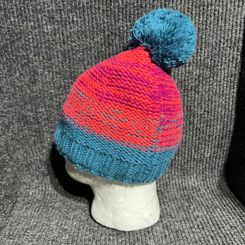 The North Face Beanie Unisex One Size Blue Pink Pom Pom Knit Winter Hat Logo